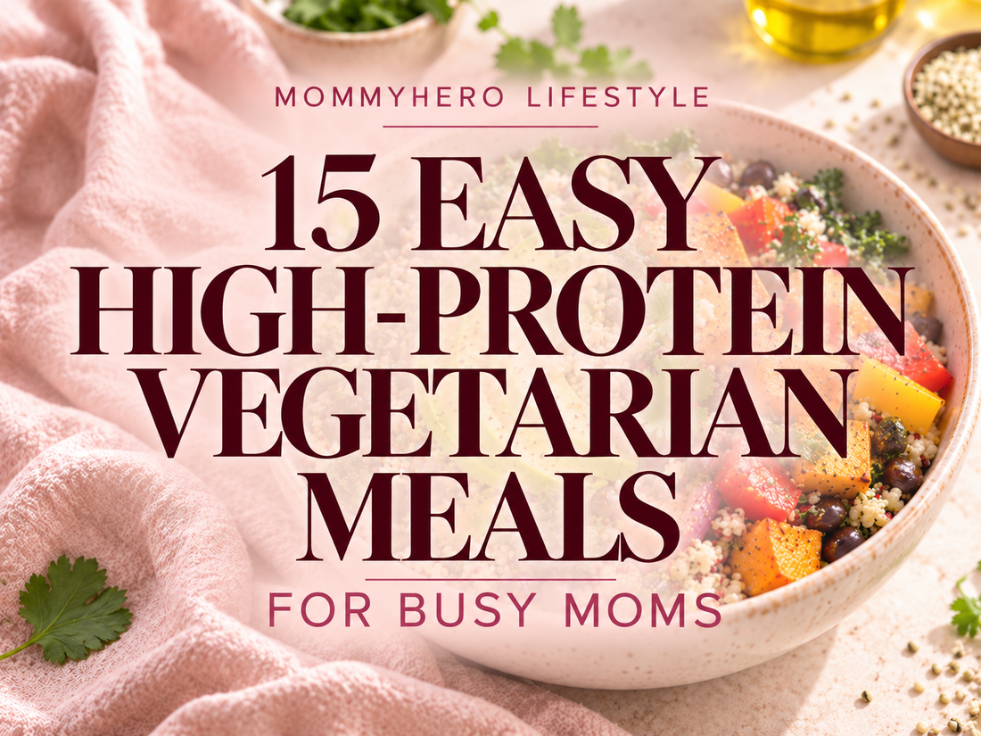 A quinoa and black bean bowl with avocado and roasted vegetables, with text reading “15 Easy High-Protein Vegetarian Meals for Busy Moms.”